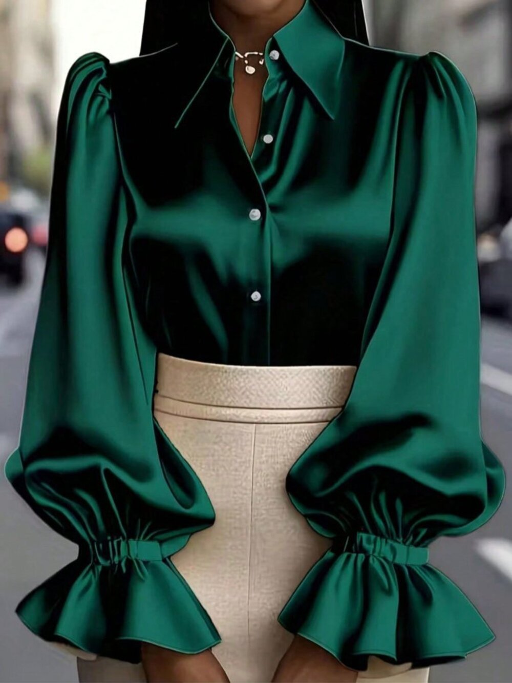 Dark Green Regular Women's V-Neck Loose Button-Up Bishop Sleeve Shirt